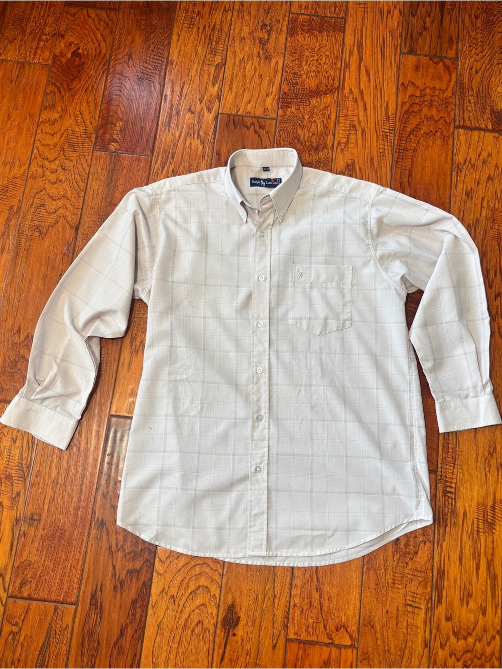 Ralph Lauren Men's Cream Button-Down Dress Shirt with Windowpane Check